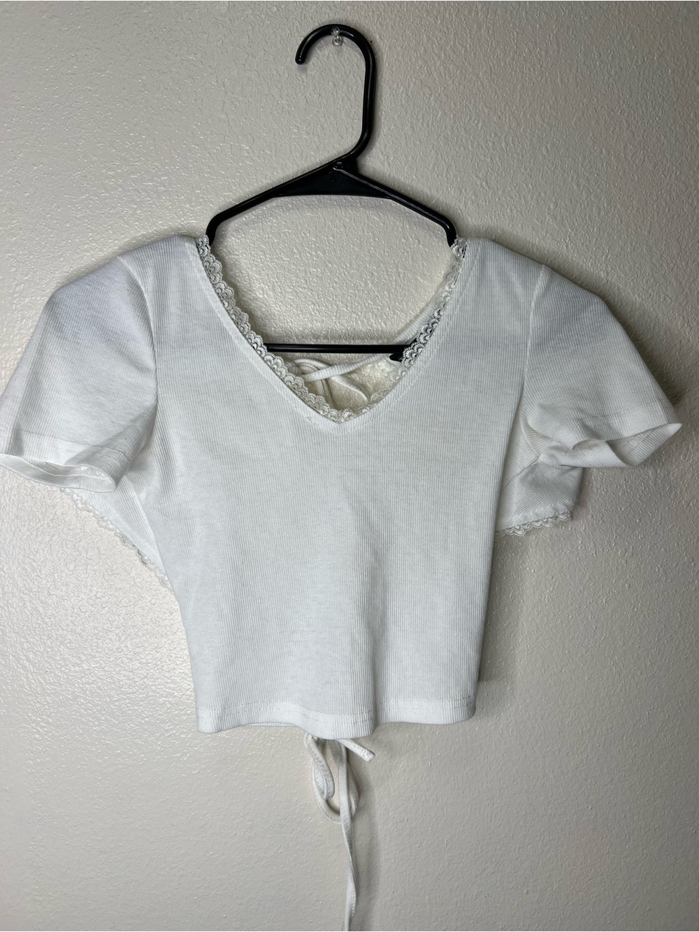 SHEIN White Lace-Trim V-Neck Tie-Front Crop Top